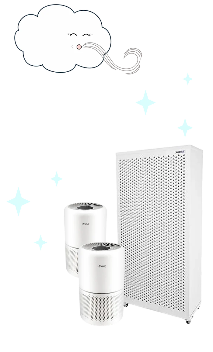 Airiana, a cute little anthropomorphized cloud with smiling closed eyes and eyelashes, blowing a swirl of air out of her mouth. Underneath her, there are three air purifiers of various sizes gathered in the bottom right corner. There are icy blue sparkles radiating from the group of purifiers.