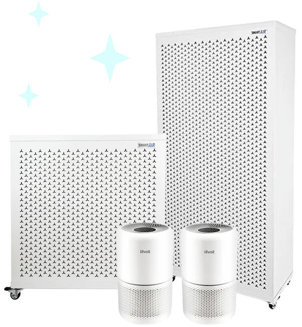 Four air purifiers of various sizes gathered together. There are icy blue sparkles radiating from the group of purifiers.