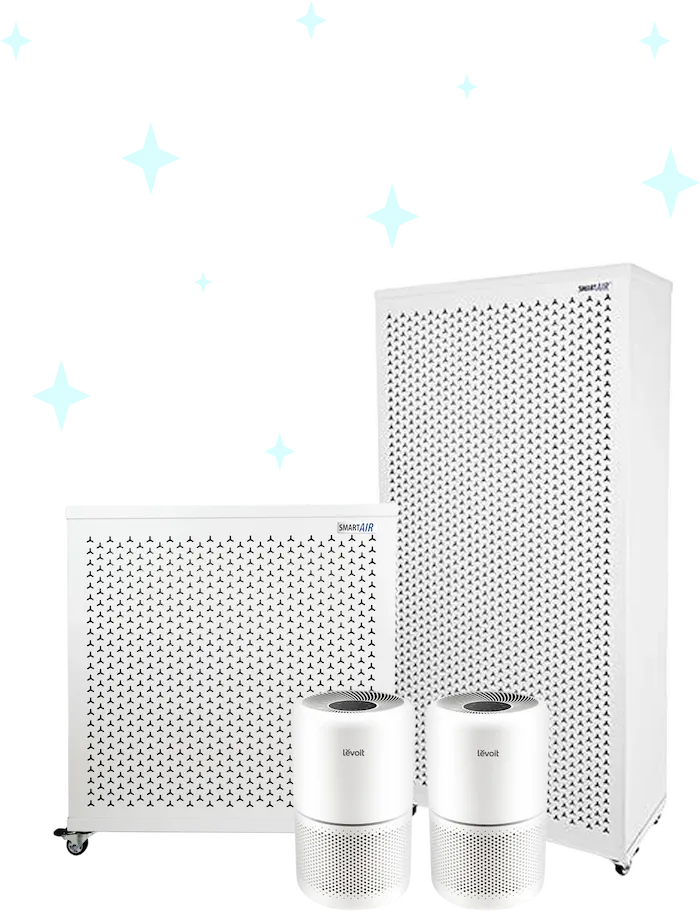 Four air purifiers of various sizes gathered together. There are icy blue sparkles radiating from the group of purifiers.