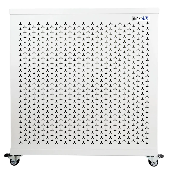 The SmartAir MK Blast Mini Air Purifier, a square white air purifier on wheels.