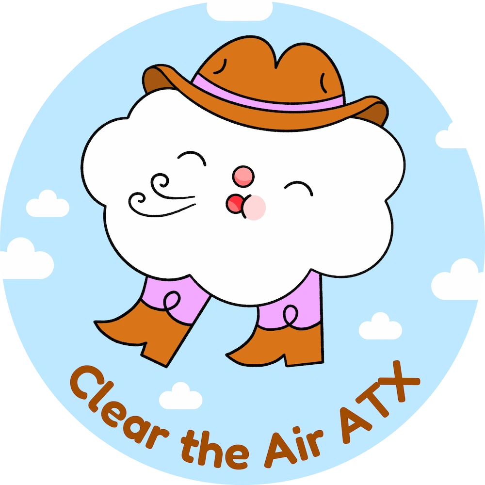 Neil, a cute little anthropomorphized cloud, blowing a swirl of air out of his mouth. Neil wears a cowboy hat and cowboy boots. In the background, there is a light blue sky with smaller white clouds visible in the background. Underneath Neil, text reads 'Clear the Air ATX'.