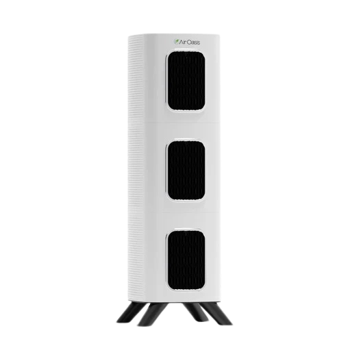 The Air Oasis iAdaptAir 2.0 Large, a white tower-style air purifier.